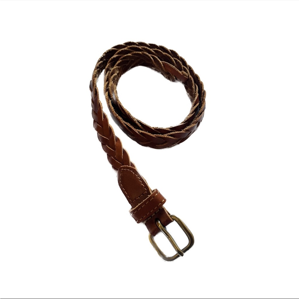 Vintage GAP Brown Skinny Braided Leather Belt Brass Buckle Women’s XS